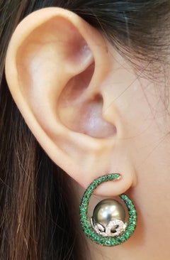 Pearl, Tsavorite and Diamond Earrings Set in 18 Karat White Gold Settings