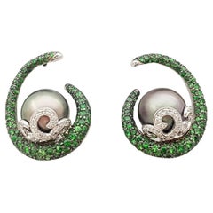 Pearl, Tsavorite and Diamond Earrings Set in 18 Karat White Gold Settings