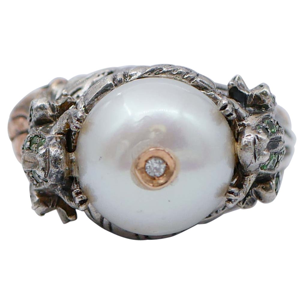 Perle, Tsavorite, Diamants, Bague Retrò en or rose et argent
