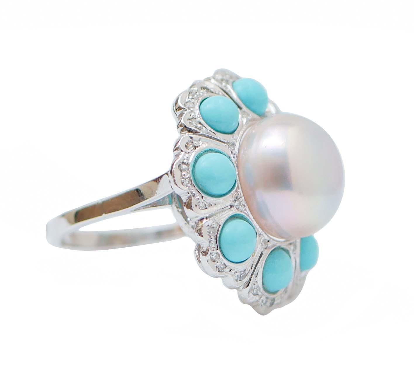 Retro Pearl, Turquoise, Diamonds, Platinum Retrò Ring. For Sale