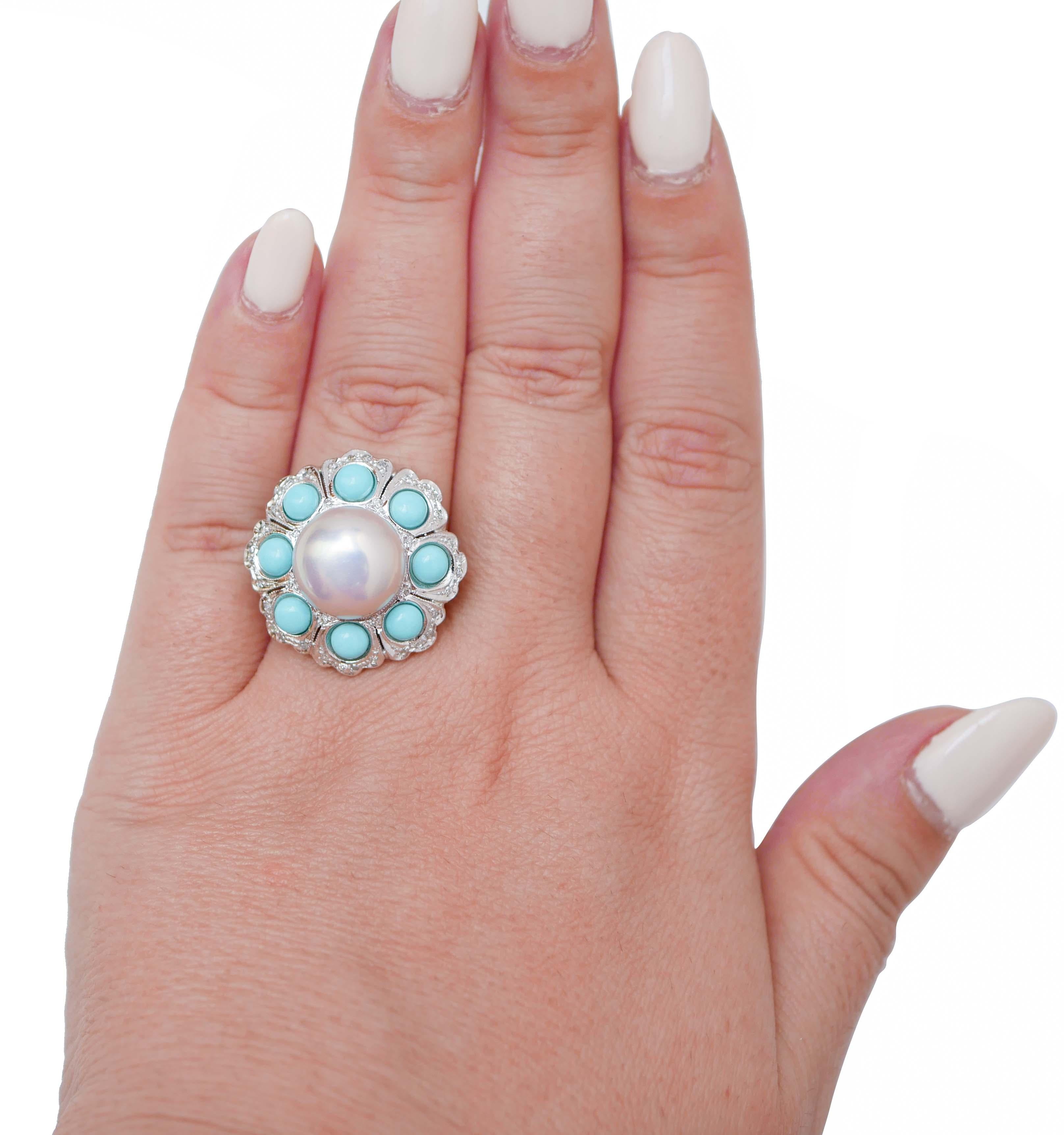 Mixed Cut Pearl, Turquoise, Diamonds, Platinum Retrò Ring. For Sale