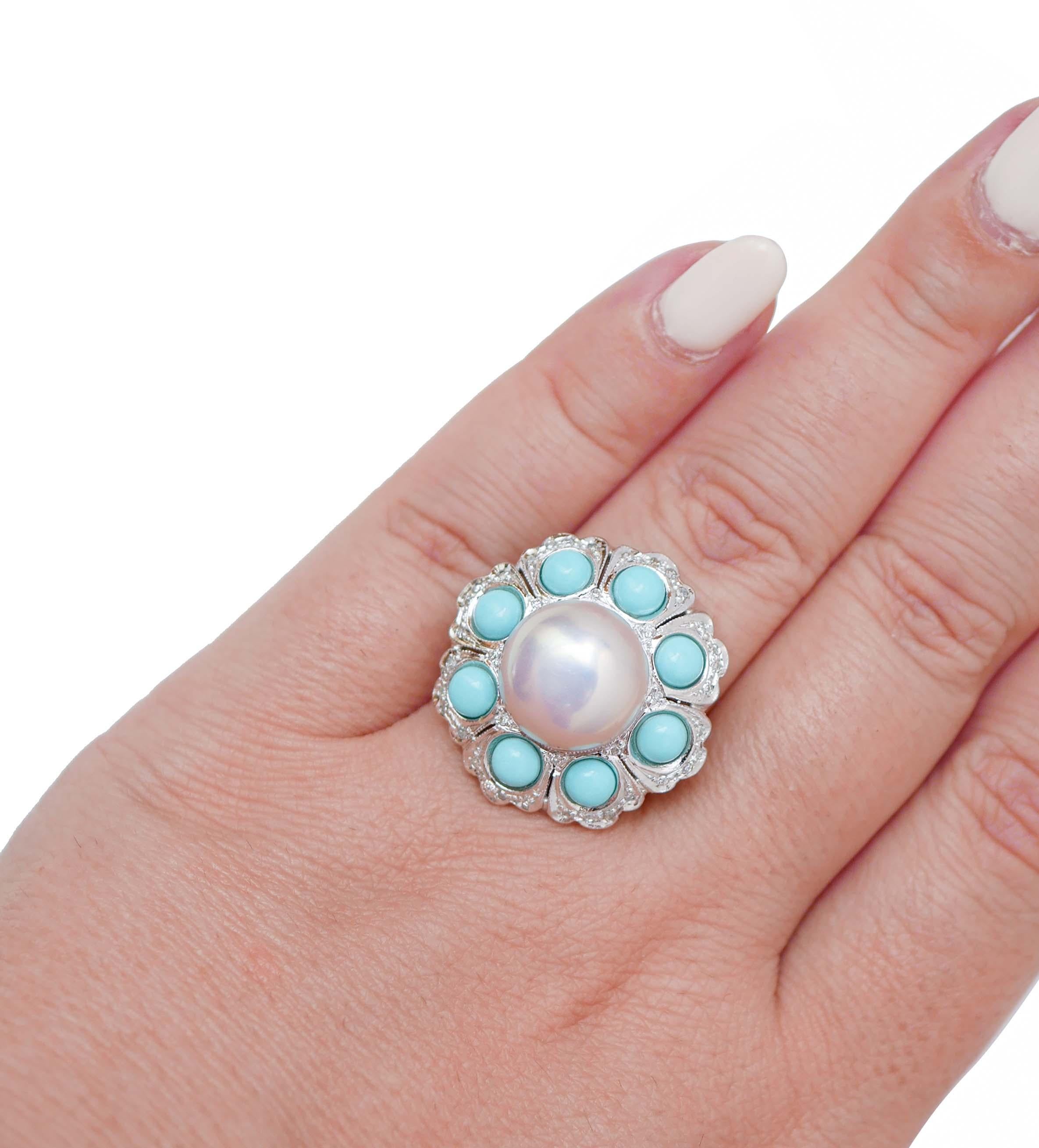 Pearl, Turquoise, Diamonds, Platinum Retrò Ring. In Good Condition For Sale In Marcianise, Marcianise (CE)
