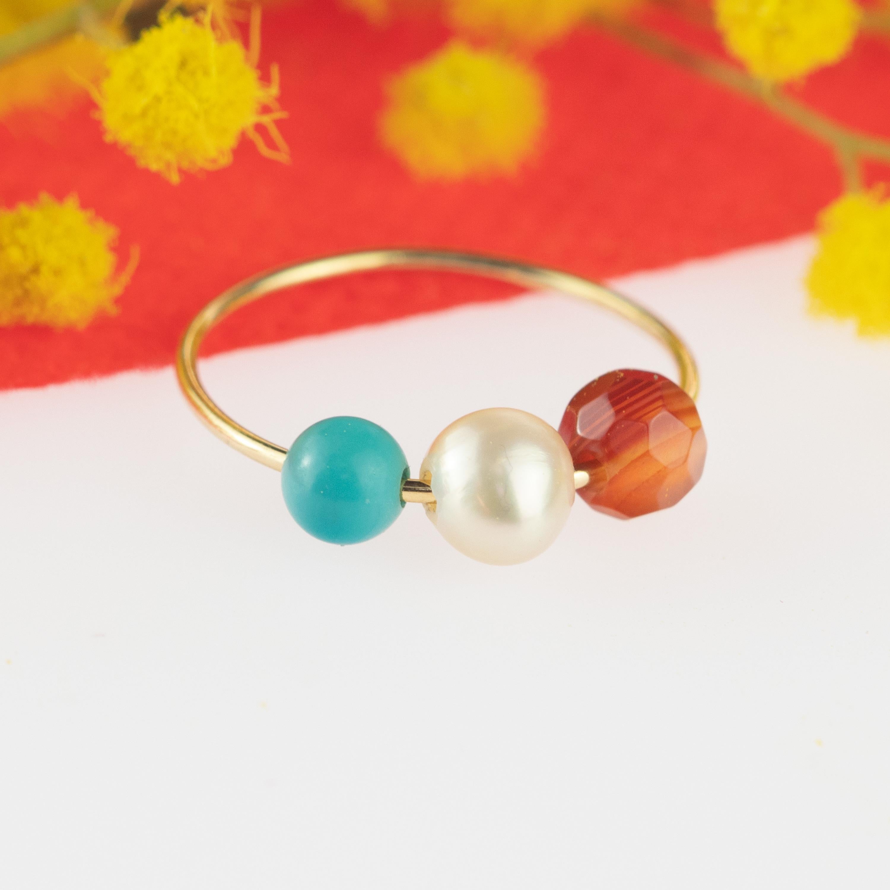 Perle Türkis Granat 18 Karat Roségold Asteroid Boho Band Planet Ring (Rundschliff) im Angebot