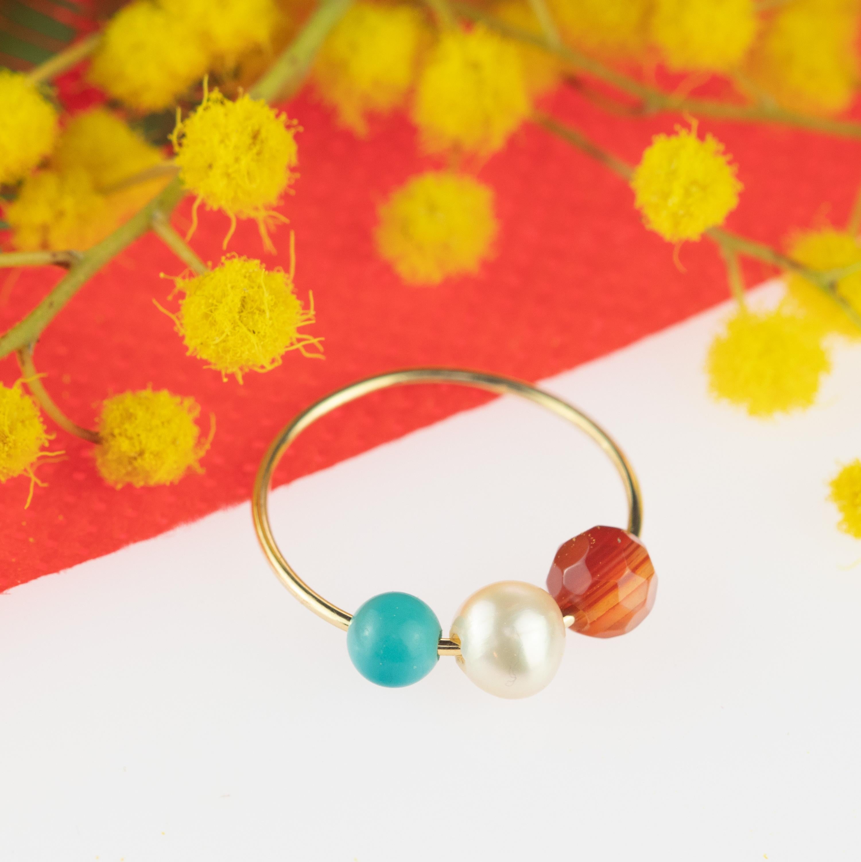 Perle Türkis Granat 18 Karat Roségold Asteroid Boho Band Planet Ring für Damen oder Herren im Angebot