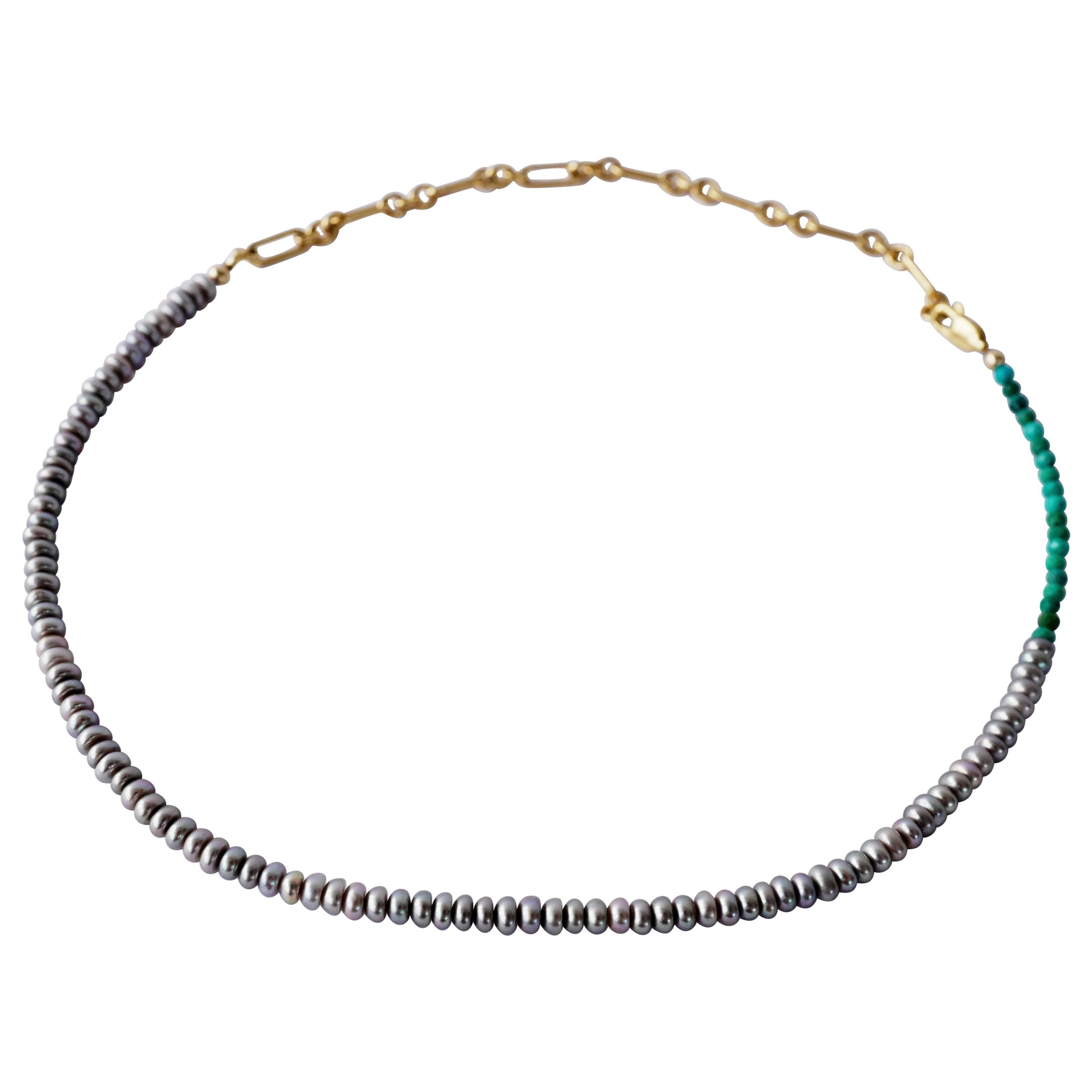 Turquoise Pearl  Beaded Choker Necklace  Gold Filled Chain J Dauphin