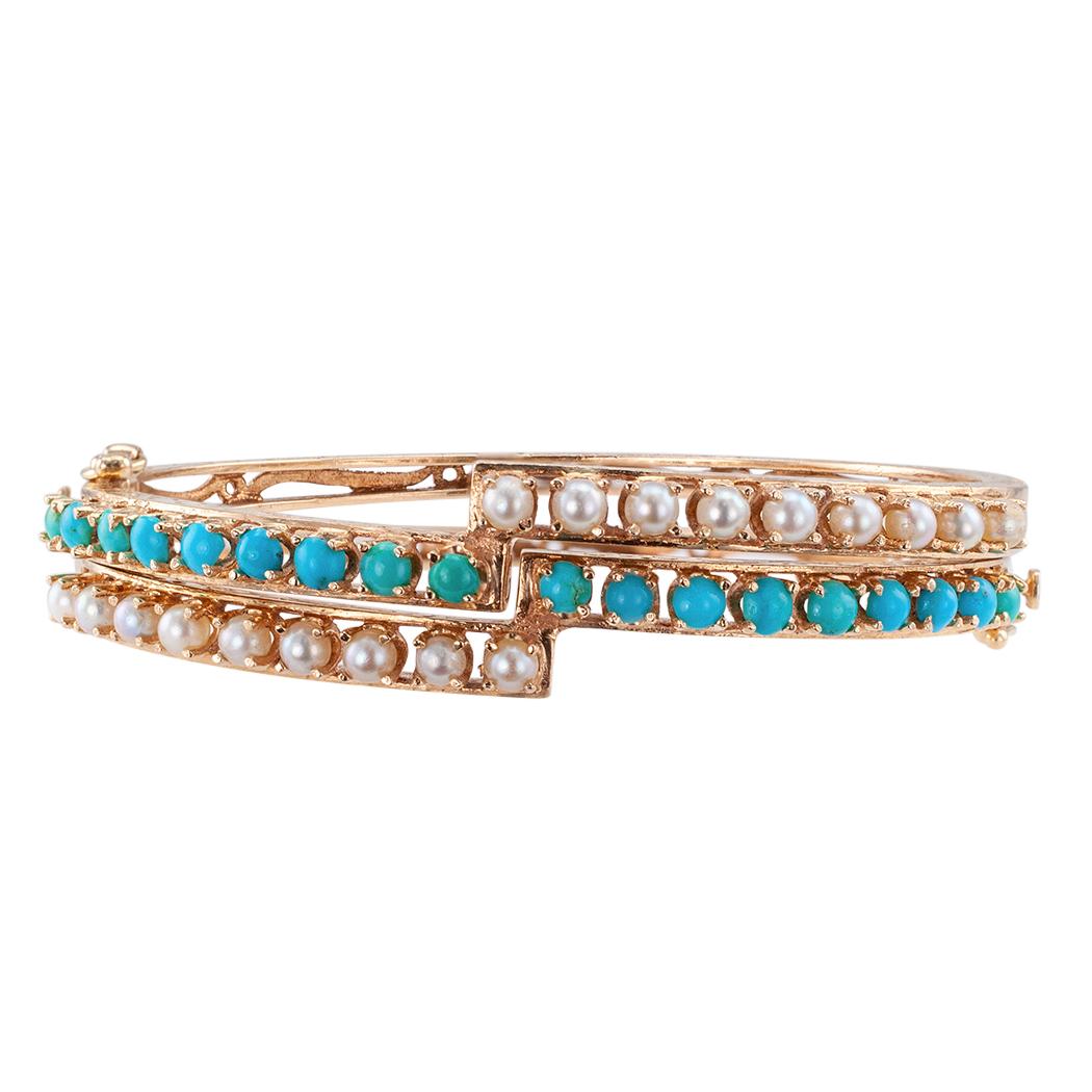 Pearl and turquoise stackable gold bangles circa 1960. The matching, hinged designs feature on the top half a zigzag motif set with courses of cultured pearls and turquoise cabochons, the bottom halves decorated by a pierced scrolling pattern echoed