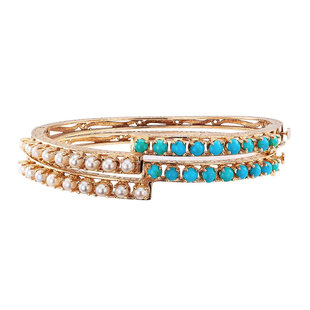 Contemporary Pearl Turquoise Twin Stackable Gold Bangles