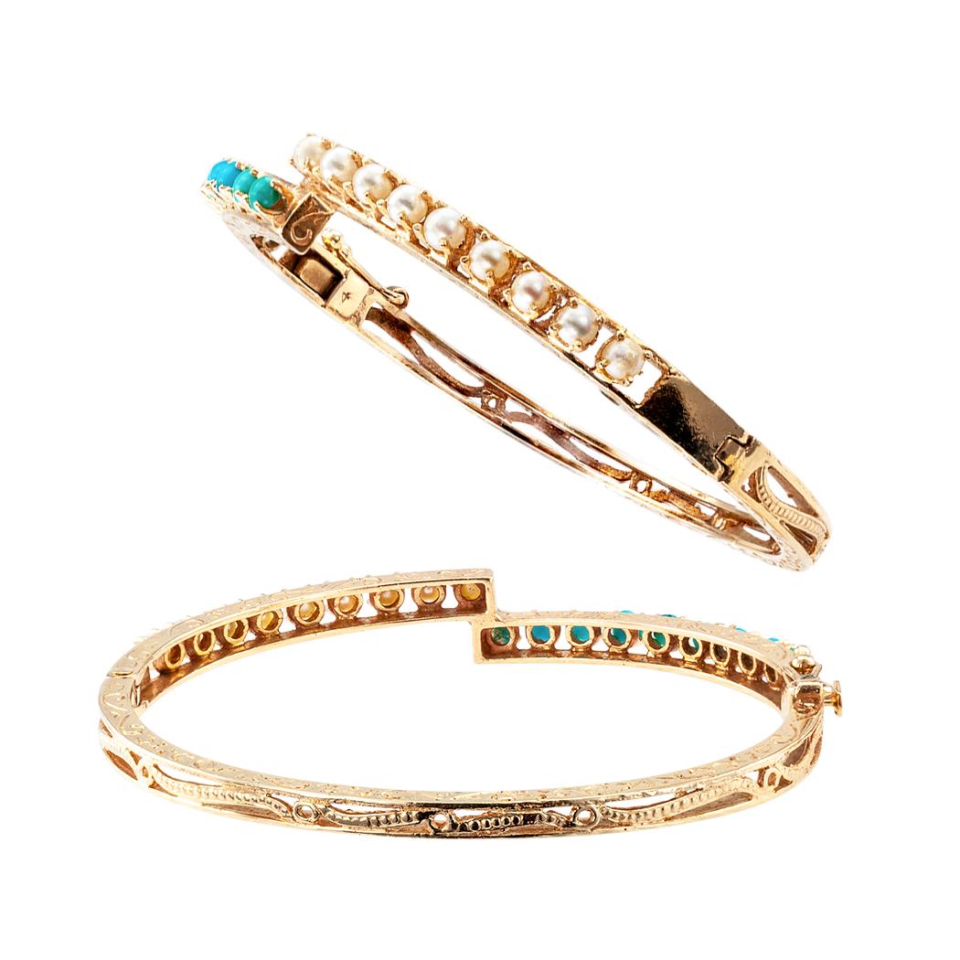 Pearl Turquoise Twin Stackable Gold Bangles In Good Condition In Los Angeles, CA