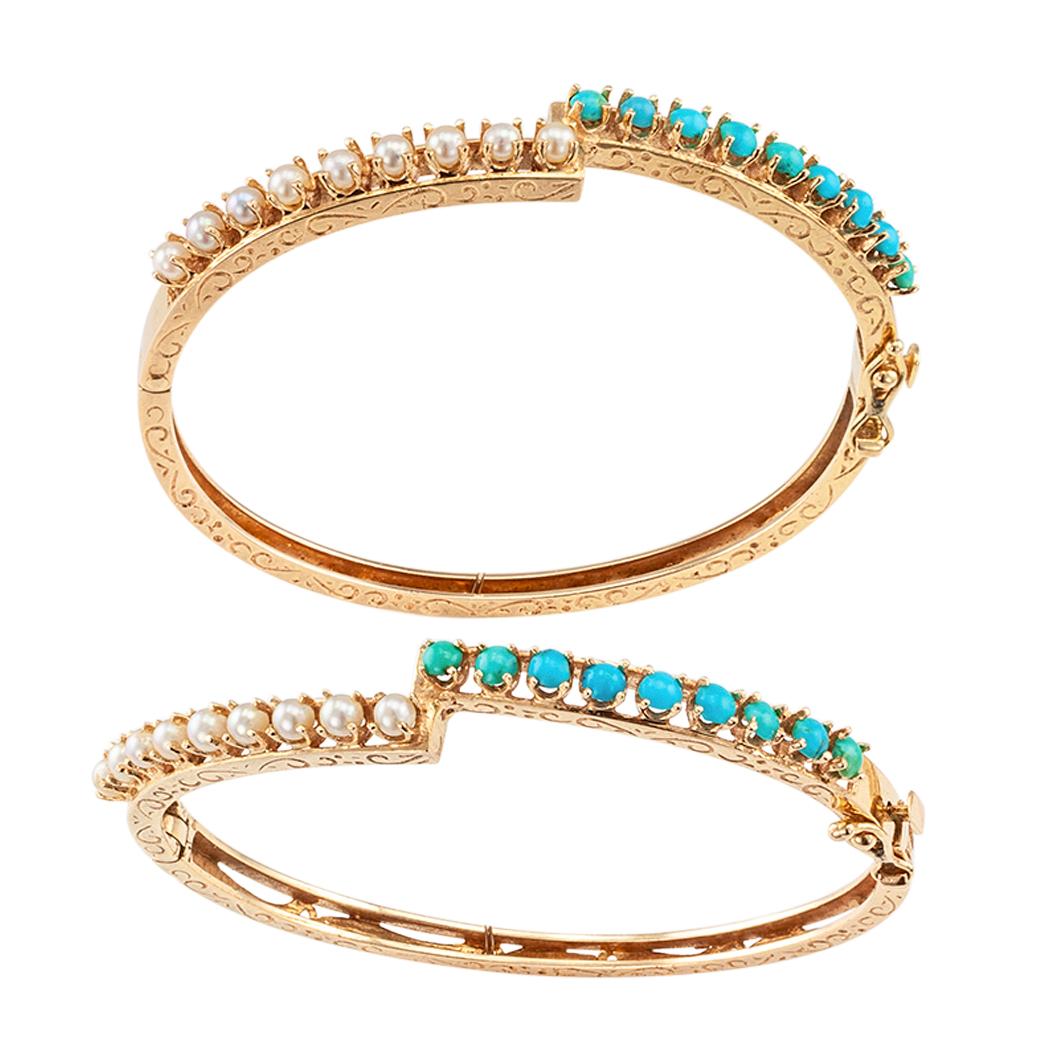 Women's Pearl Turquoise Twin Stackable Gold Bangles