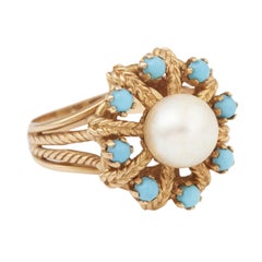 Pearl Turquoises 18 Carat Yellow Gold 1960s Vintage Ring