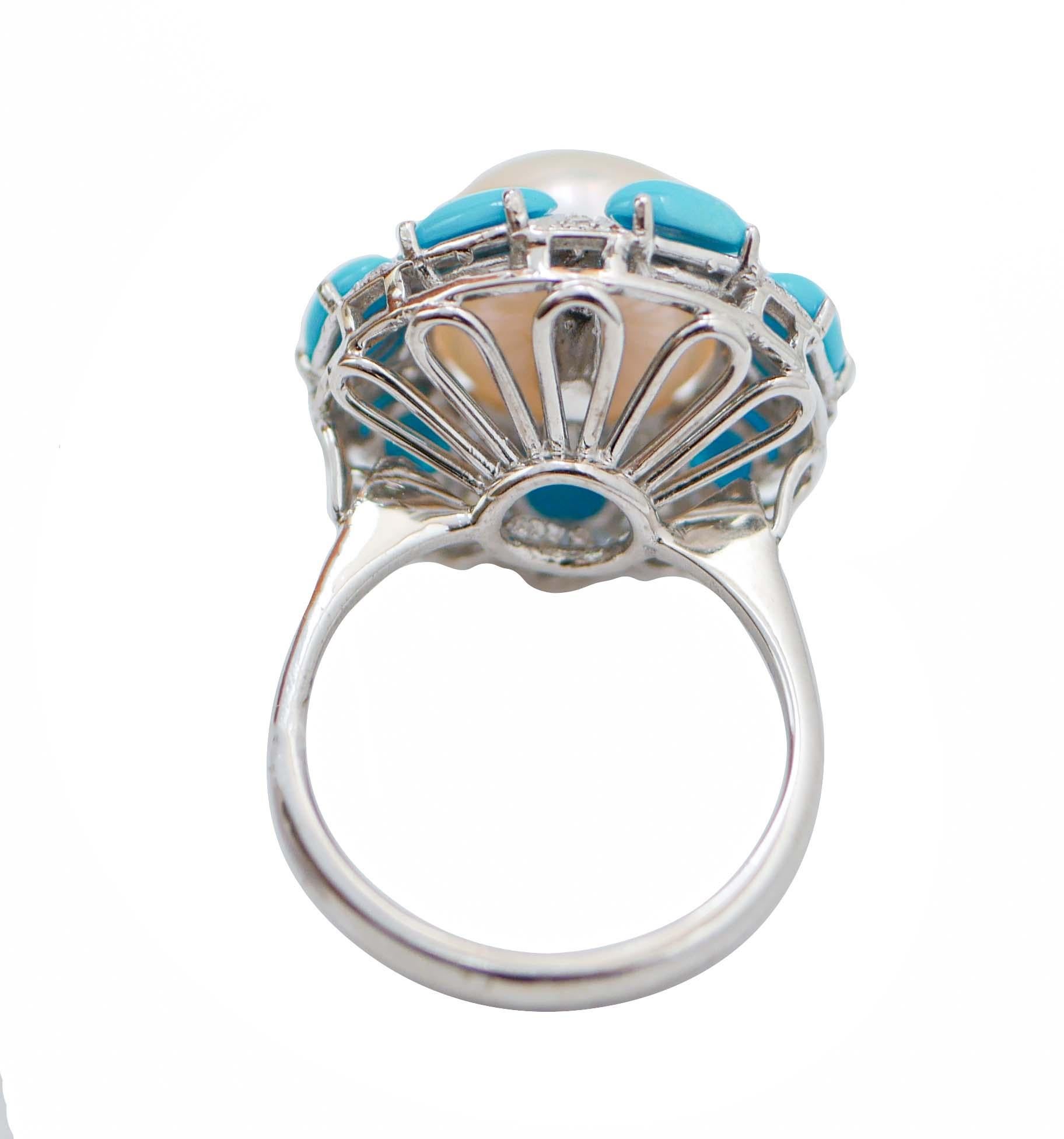 Retro Pearl, Turquoises, Diamonds, 14 Karat White Gold Ring. For Sale