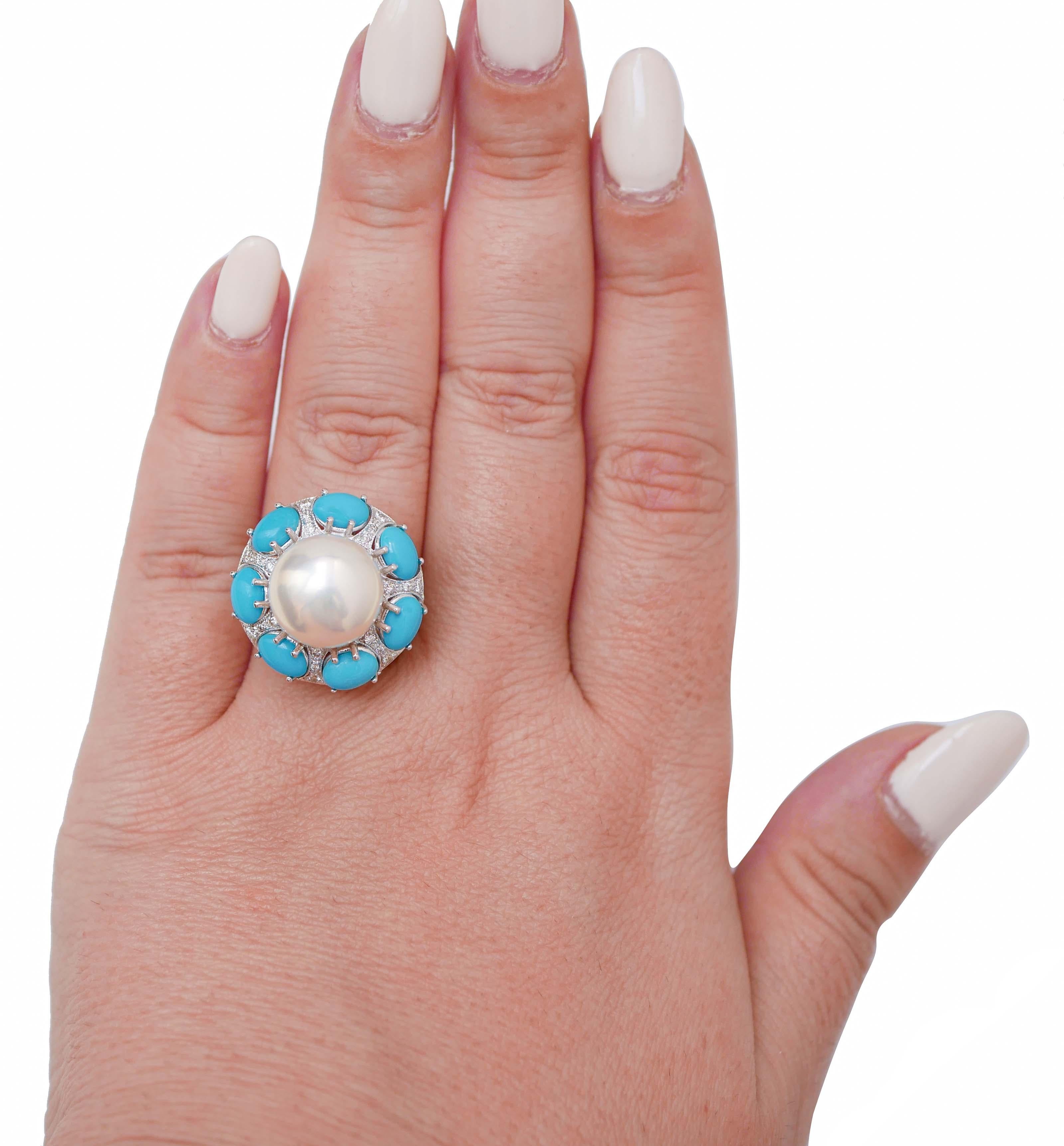 Mixed Cut Pearl, Turquoises, Diamonds, 14 Karat White Gold Ring. For Sale
