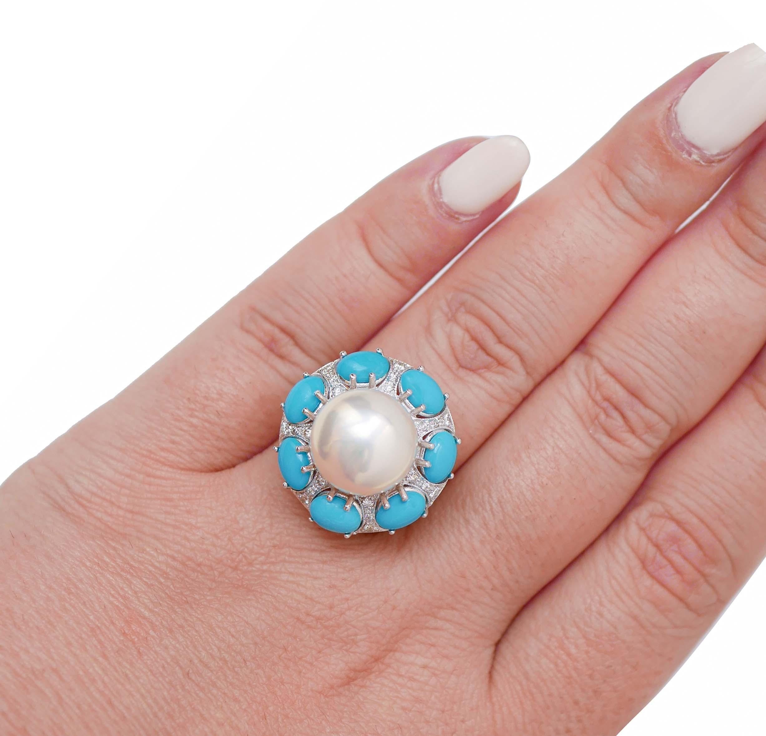 Pearl, Turquoises, Diamonds, 14 Karat White Gold Ring. In Good Condition For Sale In Marcianise, Marcianise (CE)