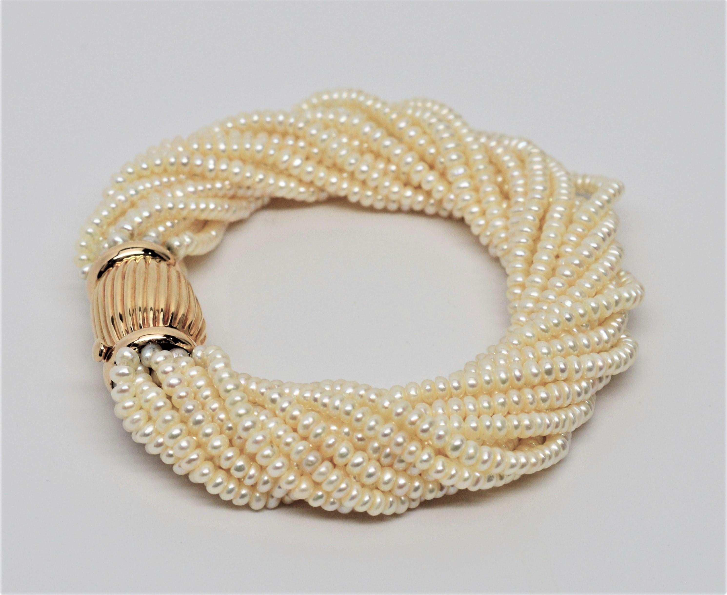 Round Cut Pearl Twist Multi Strand Necklace & Bracelet Set with Yellow Gold Bow Tie Clasp