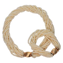 Retro Pearl Twist Multi Strand Necklace & Bracelet Set with Yellow Gold Bow Tie Clasp