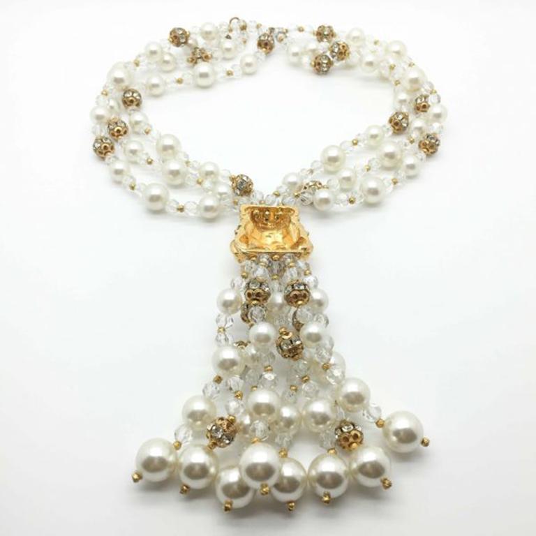 Pearl Vintage Necklace Crystal Tassel 1950s In Good Condition In Wilmslow, GB