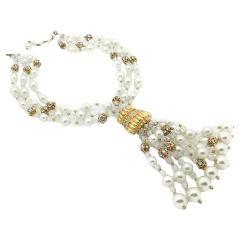 Pearl Vintage Necklace Crystal Tassel 1950s