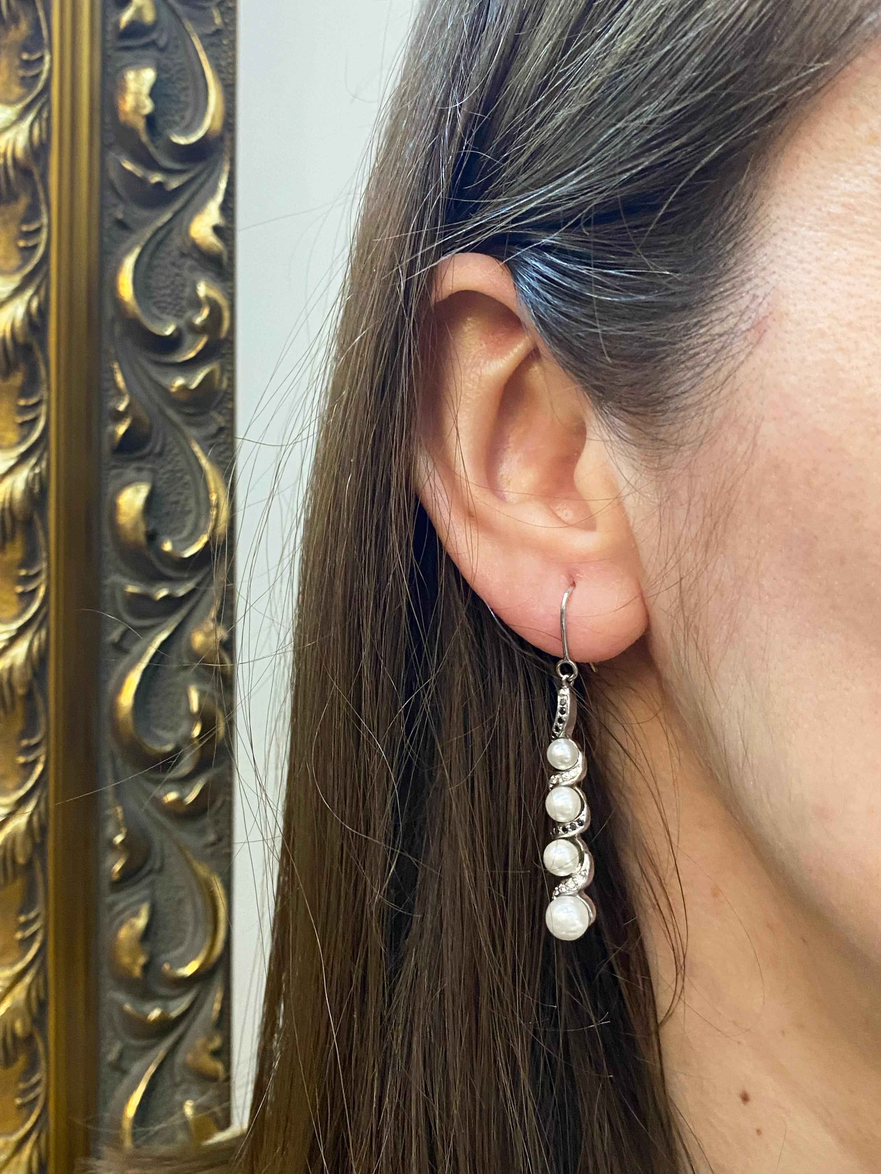 Brilliant Cut Pearl, White and Black Diamond 18 Carat White Gold Curl Drop Earrings