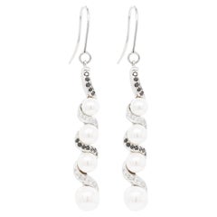 Pearl, White and Black Diamond 18 Carat White Gold Curl Drop Earrings