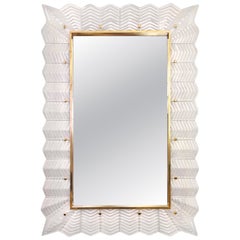 Pearl White Chevron Murano Glass Mirror with Brass Trim