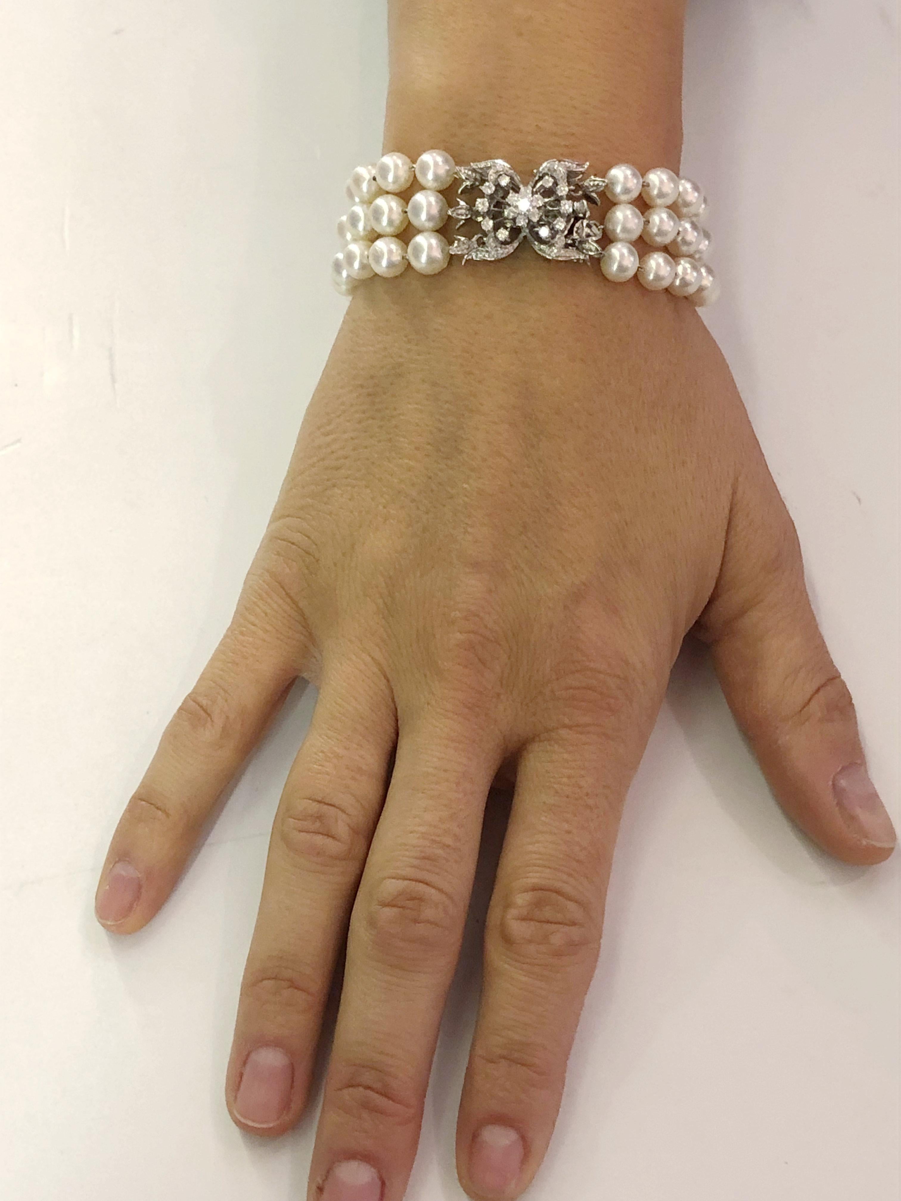 Armband aus Weißgold mit Perlen und Diamanten Damen im Angebot
