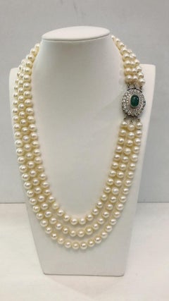 1950s Vintage Italian 18K White Gold Pearl, Emerald & 3ct Diamond Necklace