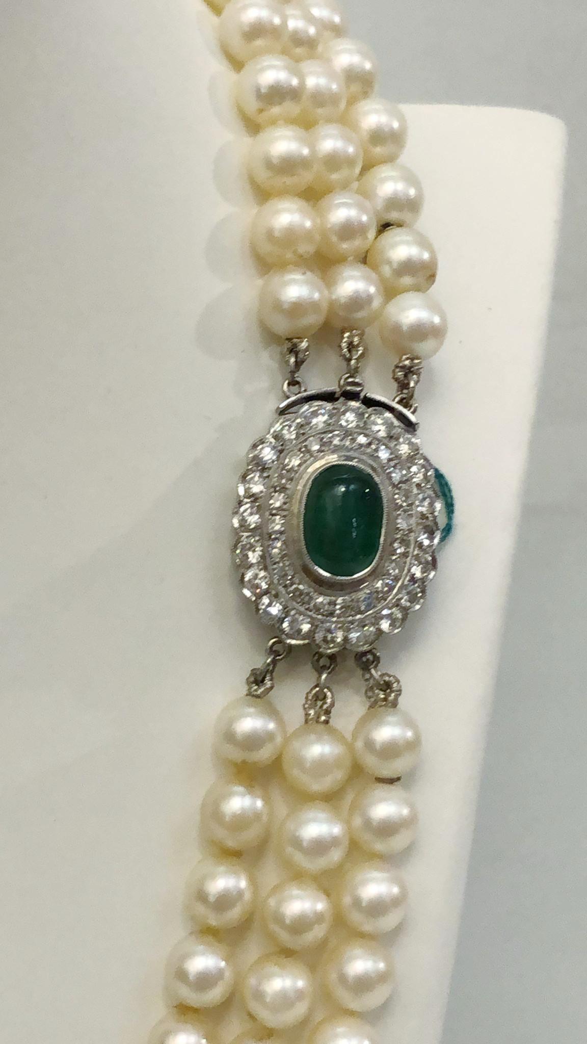 Brilliant Cut Pearl White Gold Emerald and Diamond Necklace For Sale