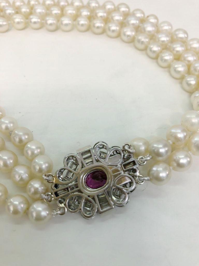 Brilliant Cut Pearl White Gold Ruby and Diamond Necklace For Sale