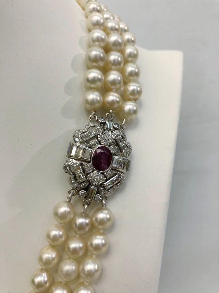 Women's Pearl White Gold Ruby and Diamond Necklace For Sale