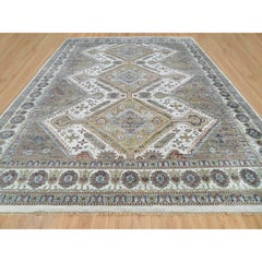Pearl White Hand Knotted Wool Unique Flower Rosettes Border Rug 13'8" x 17'9"