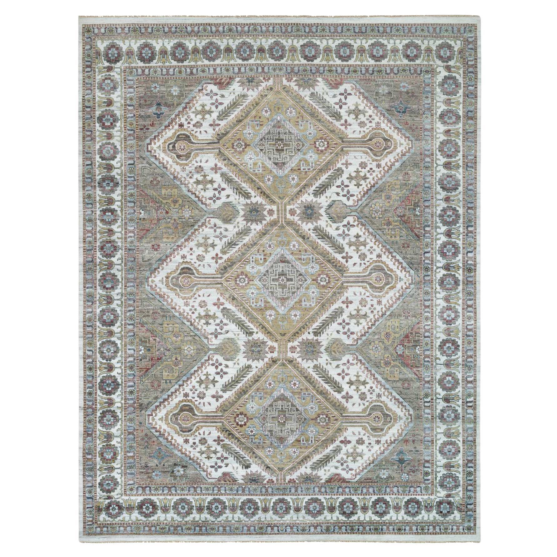 Pearl White Hand Knotted Wool Unique Flower Rosettes Border Rug 13'8" x 17'9"