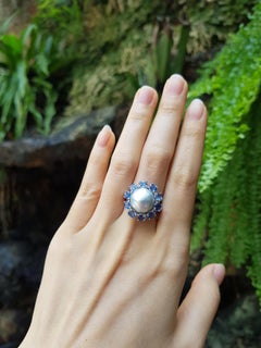 Pearl with Blue Sapphire Ring Set in 18 Karat White Gold Settings