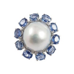 Pearl with Blue Sapphire Ring Set in 18 Karat White Gold Settings