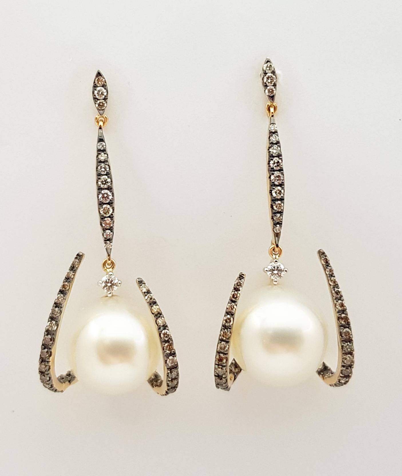 Contemporary Pearl with Brown Diamond and Diamond Earrings in 18K Gold by Kavant & Sharart For Sale