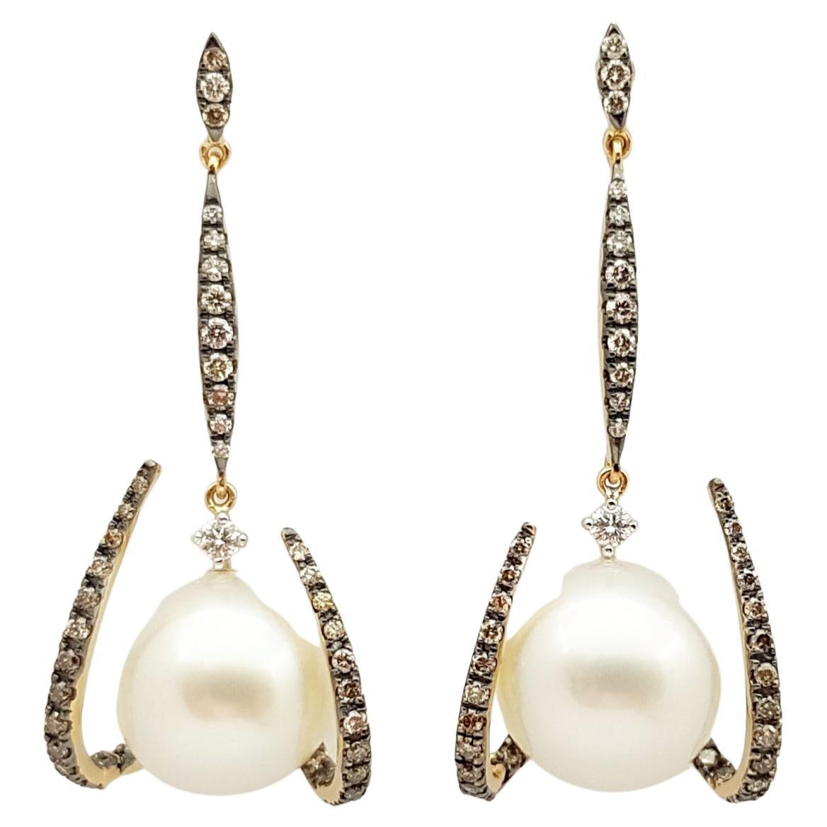 Pearl with Brown Diamond and Diamond Earrings in 18K Gold by Kavant & Sharart For Sale