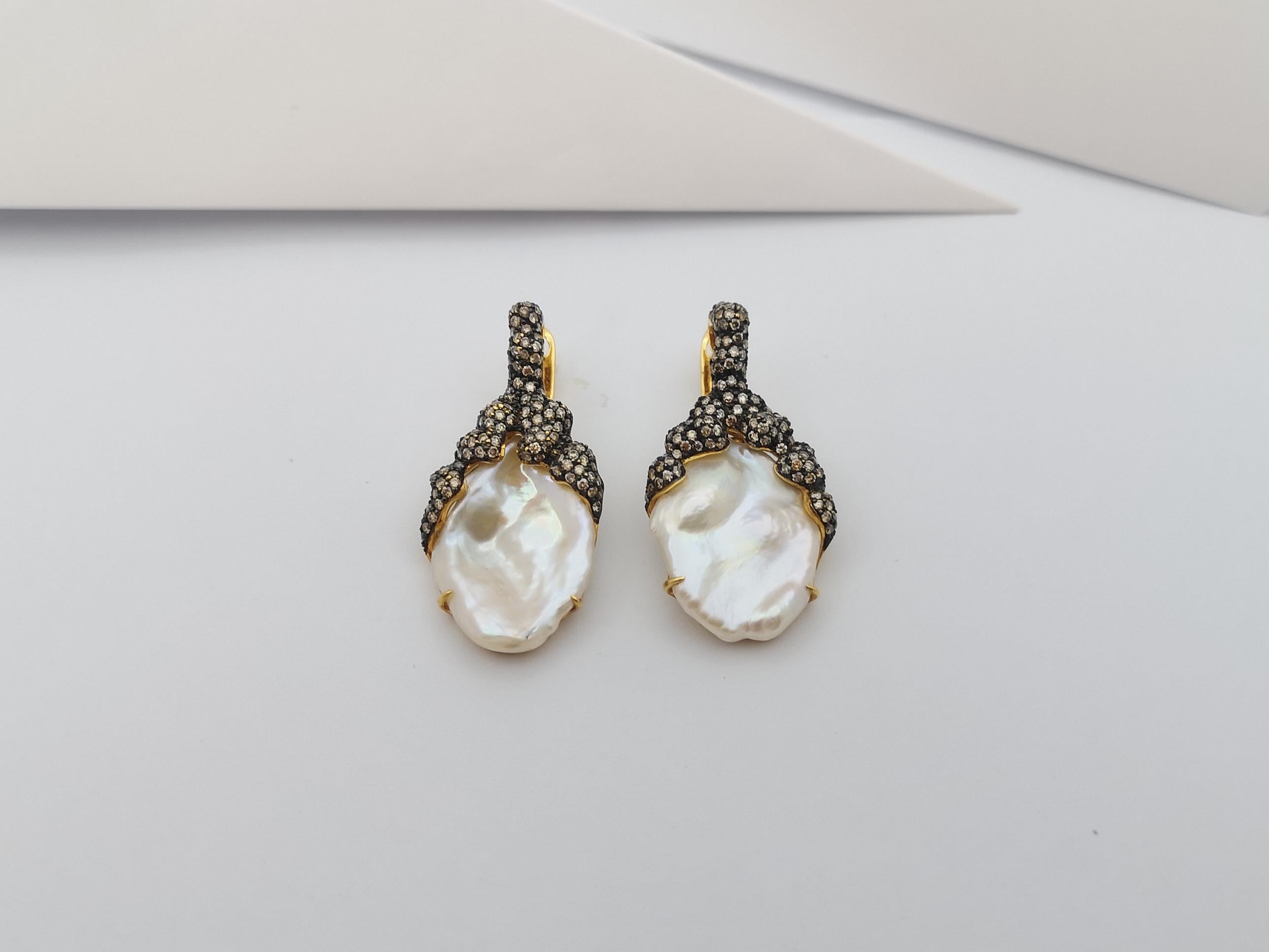 Brilliant Cut Pearl with Brown Diamond Earrings Set in 18 Karat Gold Settings For Sale