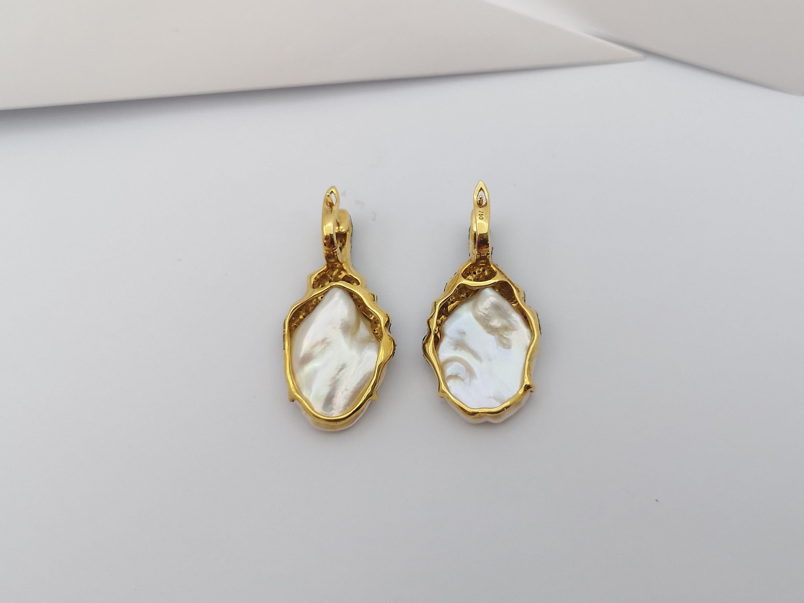 Pearl with Brown Diamond Earrings Set in 18 Karat Gold Settings For Sale 2