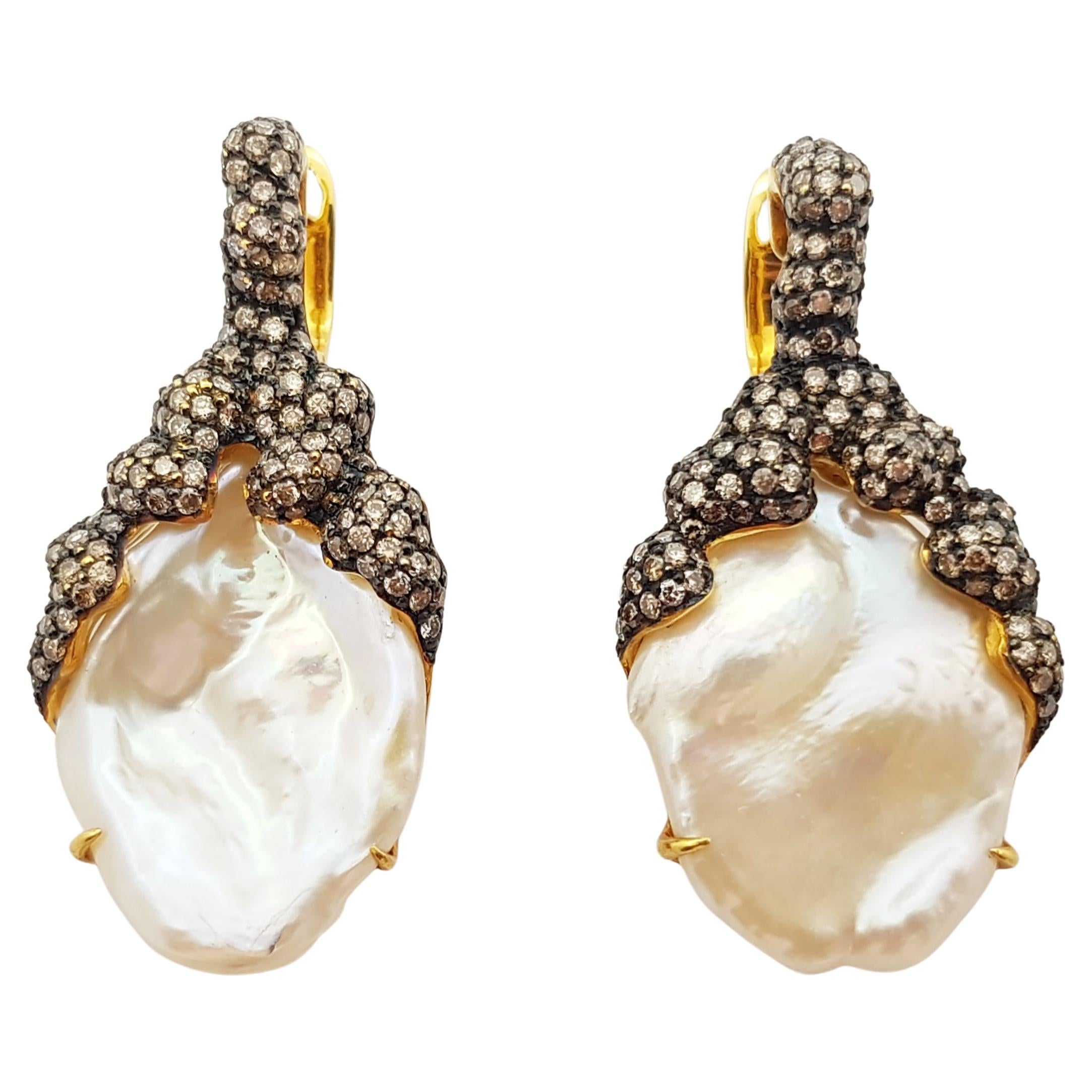 Pearl with Brown Diamond Earrings Set in 18 Karat Gold Settings For Sale
