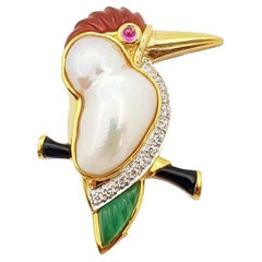 Broche/pendentif en or 18 carats sertie d'une perle et de diamants