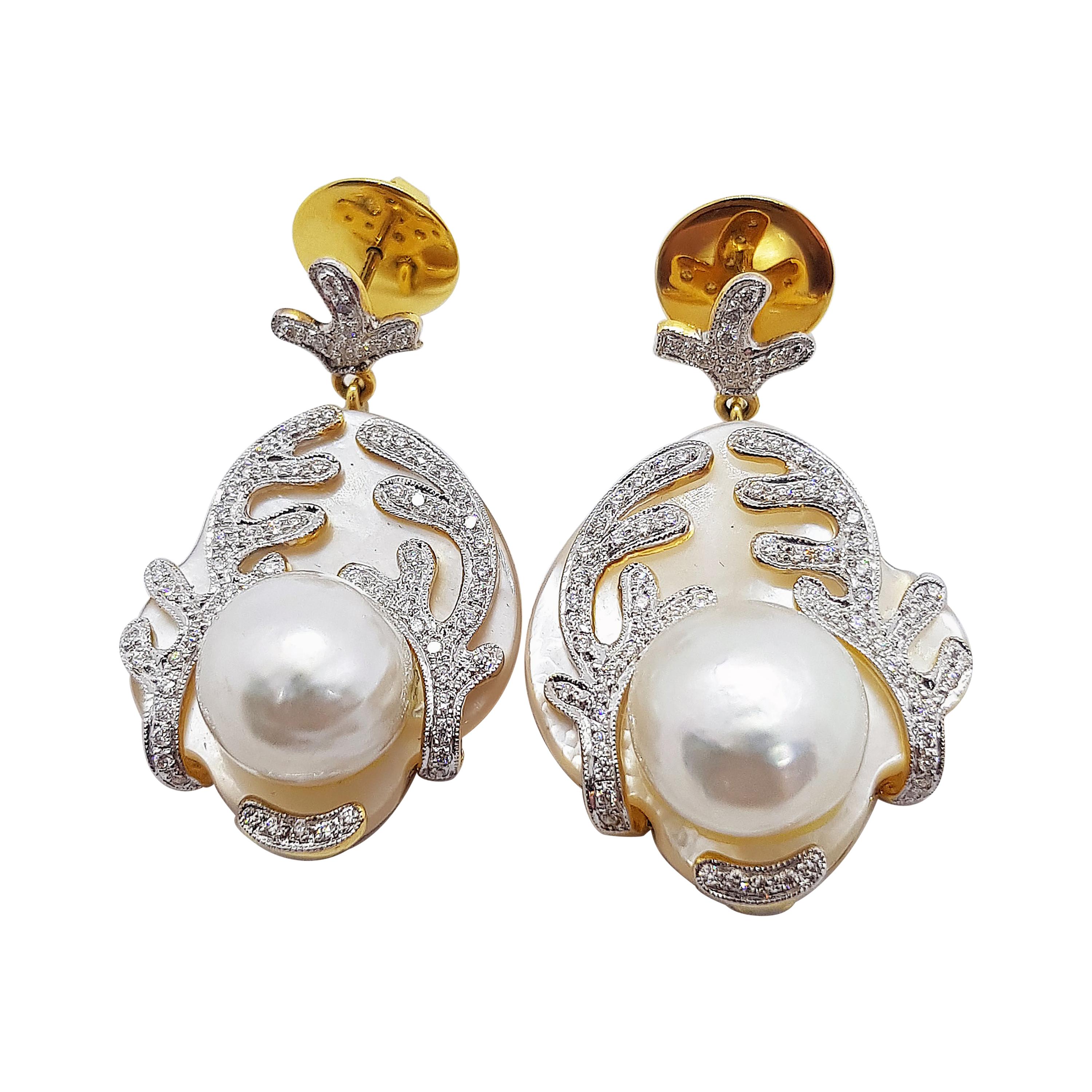 Pearl with Diamond Earrings Set in 18 Karat Gold Settings For Sale