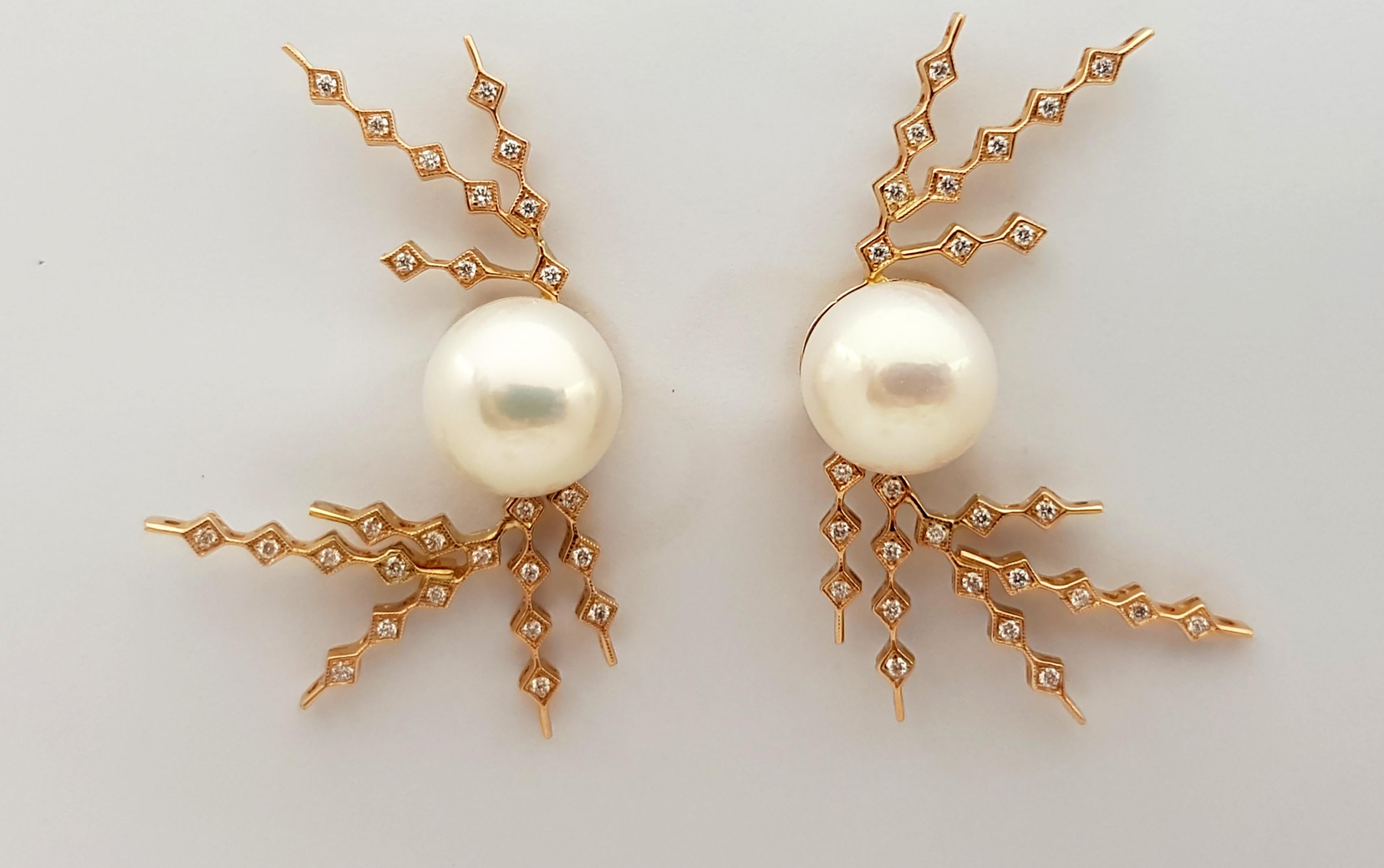 Brilliant Cut Pearl with Diamond Earrings Set in 18 Karat Rose Gold by Kavant & Sharart For Sale