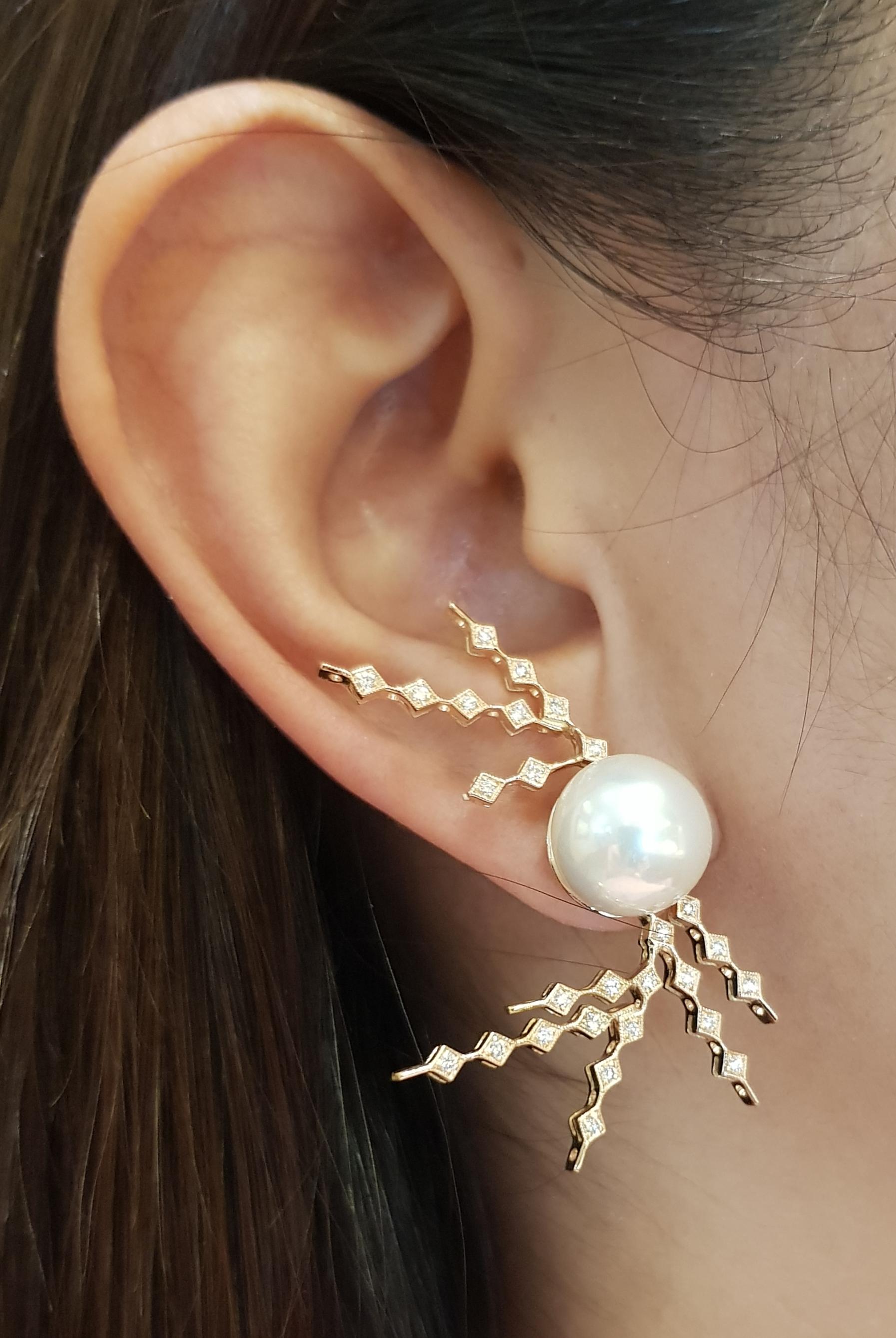 Contemporary Pearl with Diamond Earrings Set in 18 Karat Rose Gold For Sale