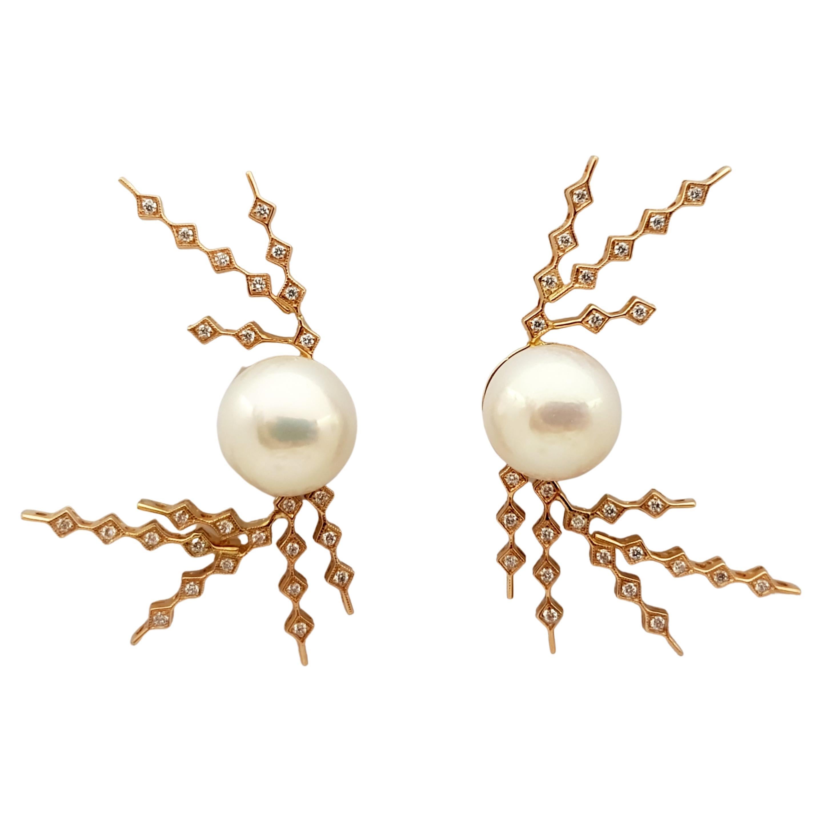 Pearl with Diamond Earrings Set in 18 Karat Rose Gold For Sale