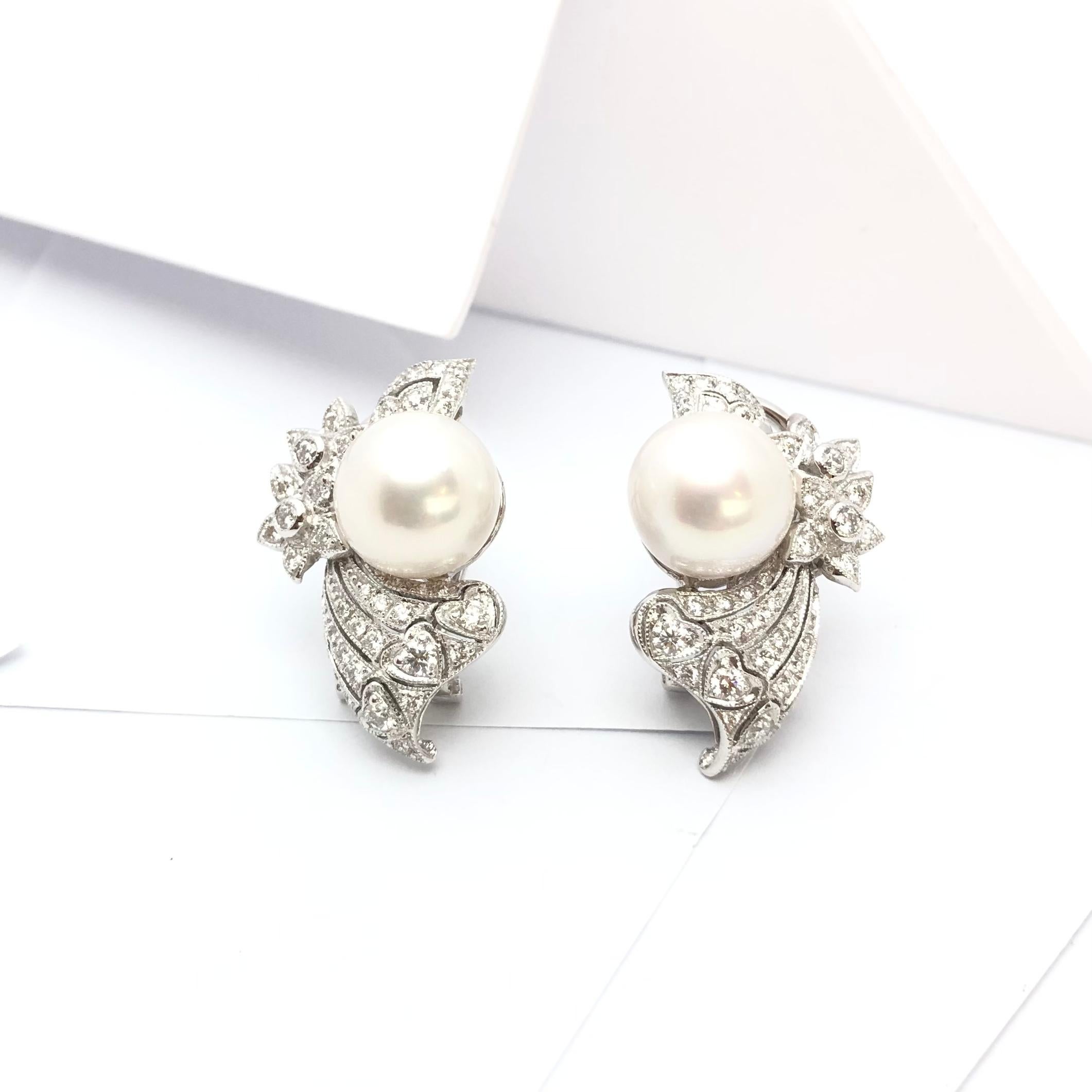 Brilliant Cut Pearl with Diamond Earrings Set in 18 Karat White Gold Settings For Sale