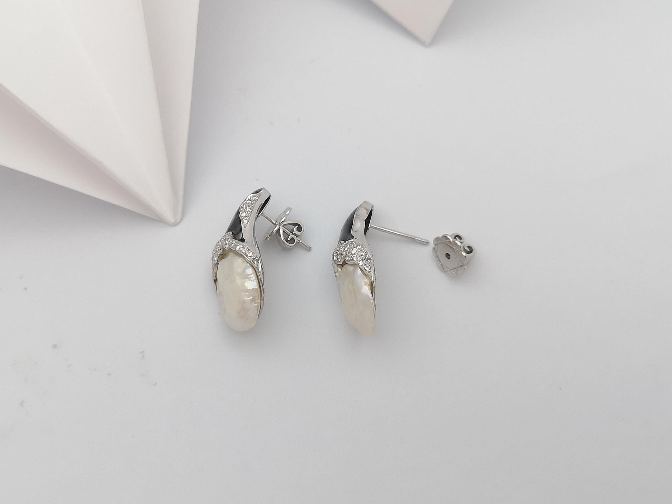 Women's Pearl with Diamond Earrings Set in 18 Karat White Gold Settings For Sale