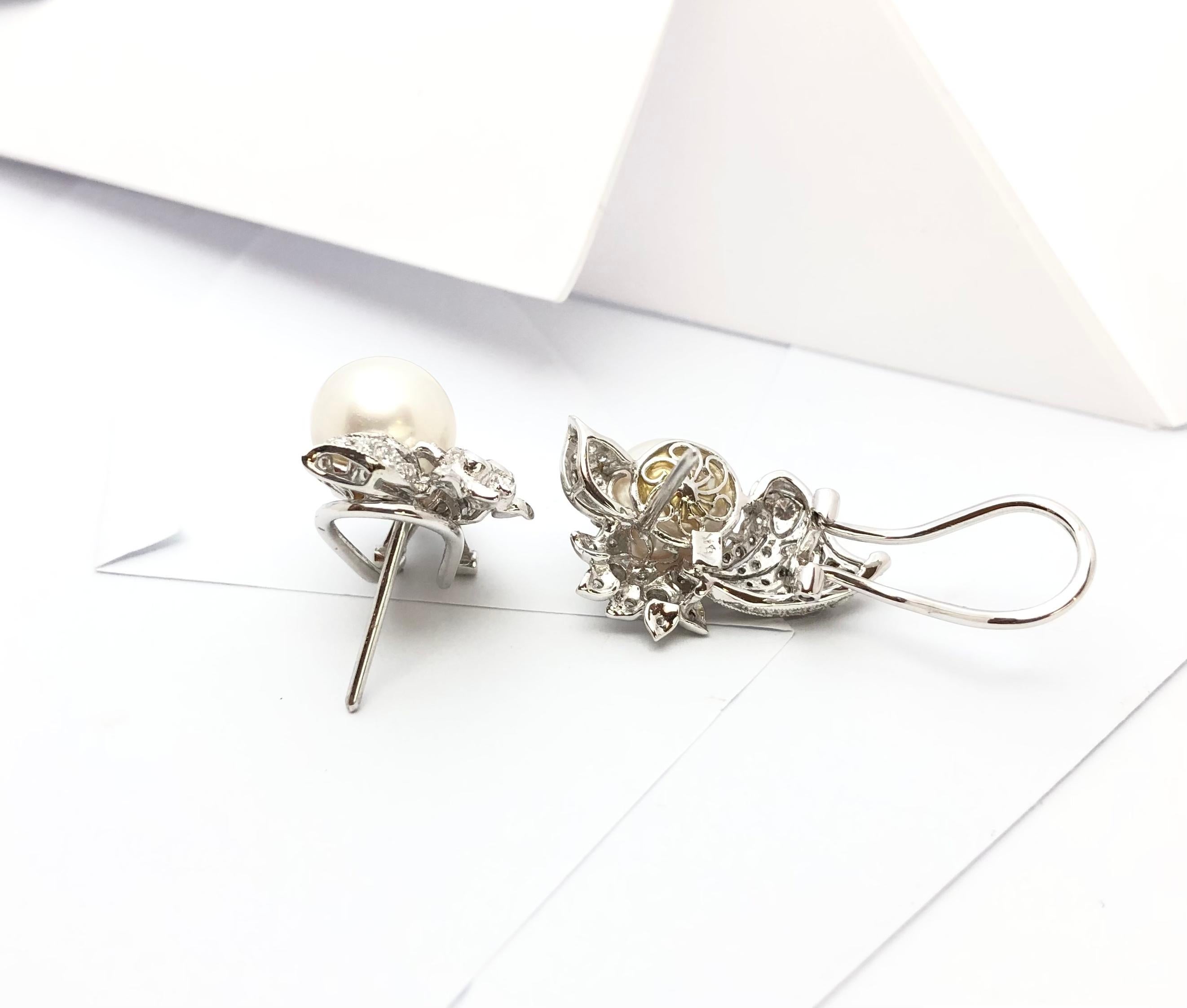 Women's Pearl with Diamond Earrings Set in 18 Karat White Gold Settings For Sale