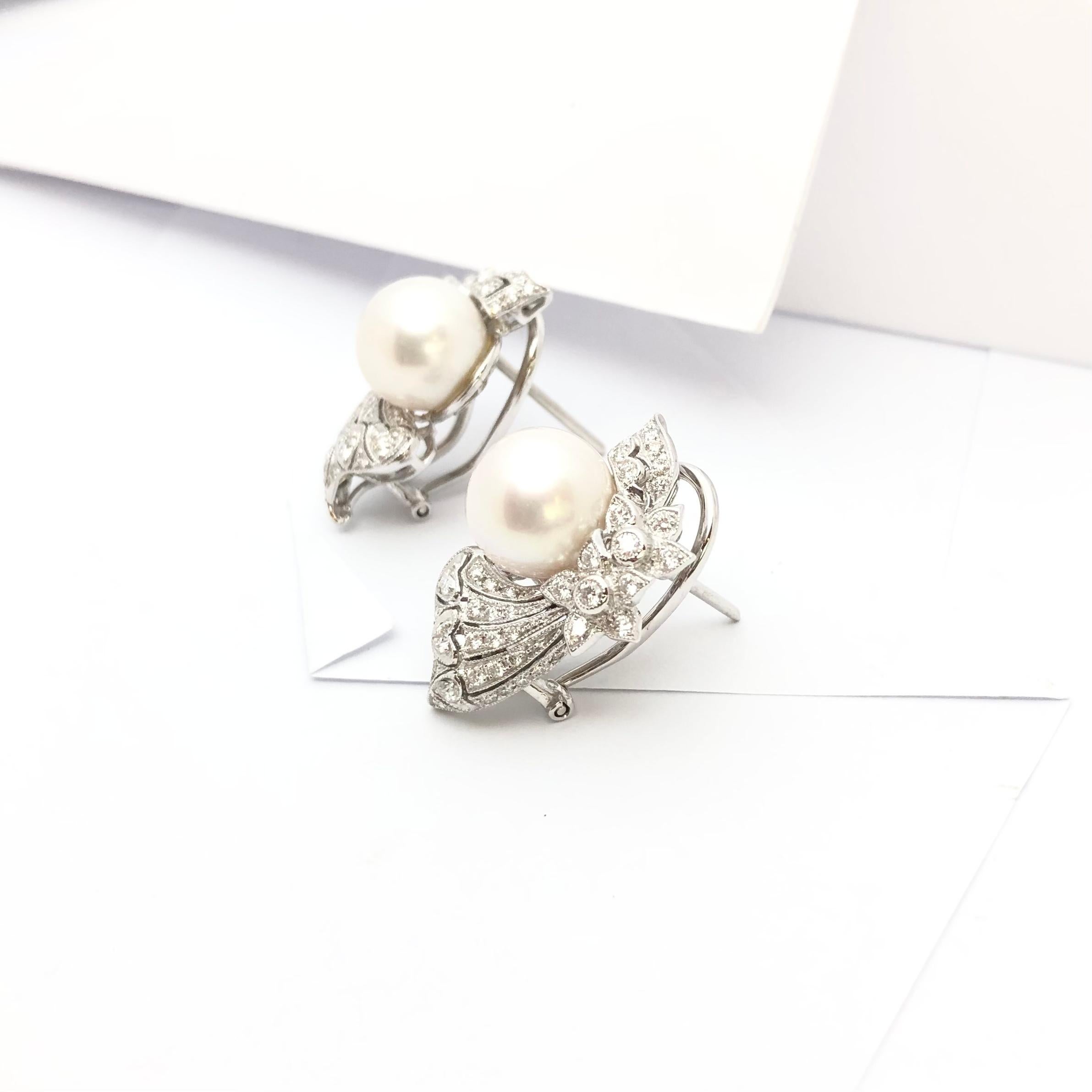 Pearl with Diamond Earrings Set in 18 Karat White Gold Settings For Sale 1