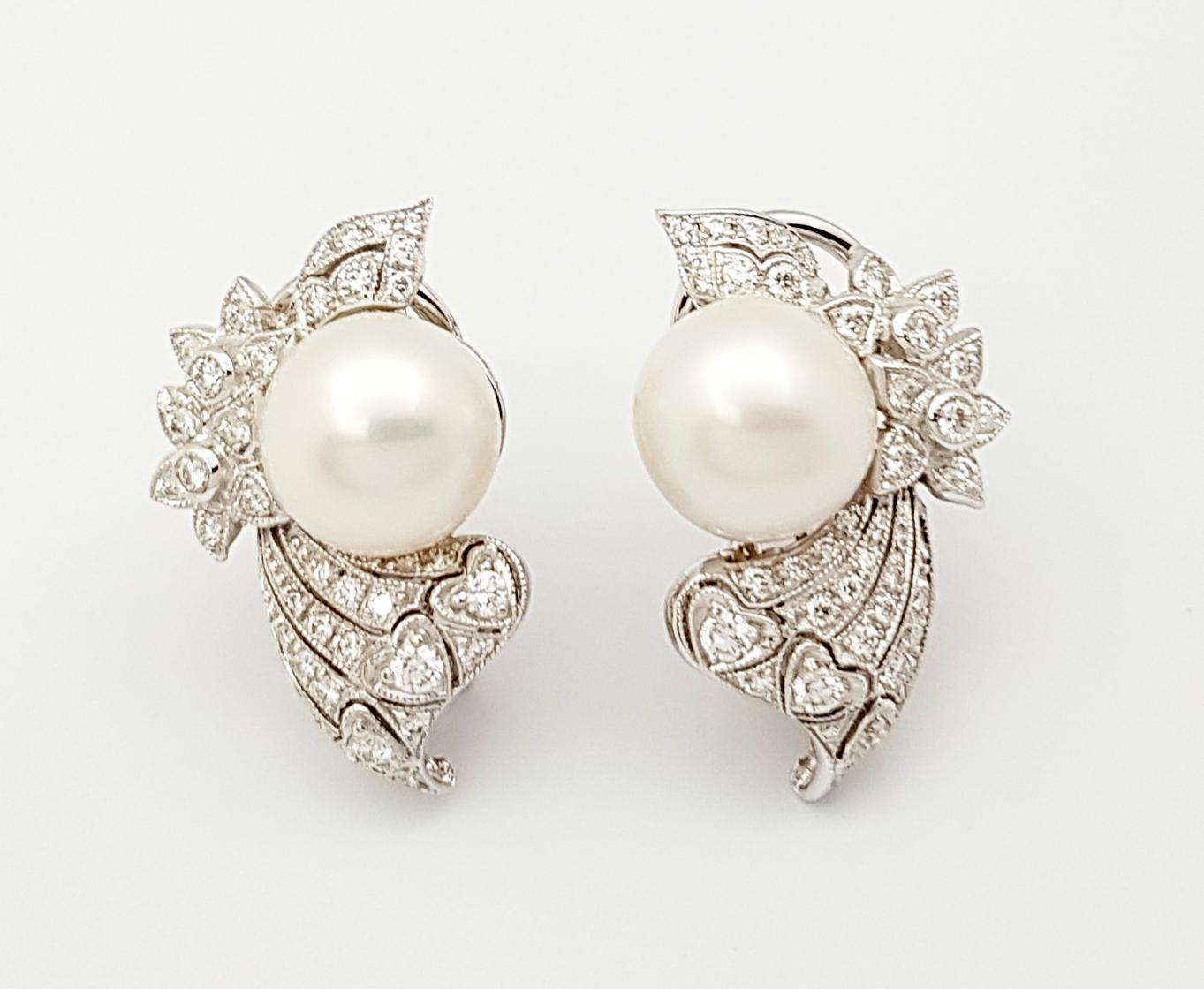 Pearl with Diamond Earrings Set in 18 Karat White Gold Settings For Sale 2