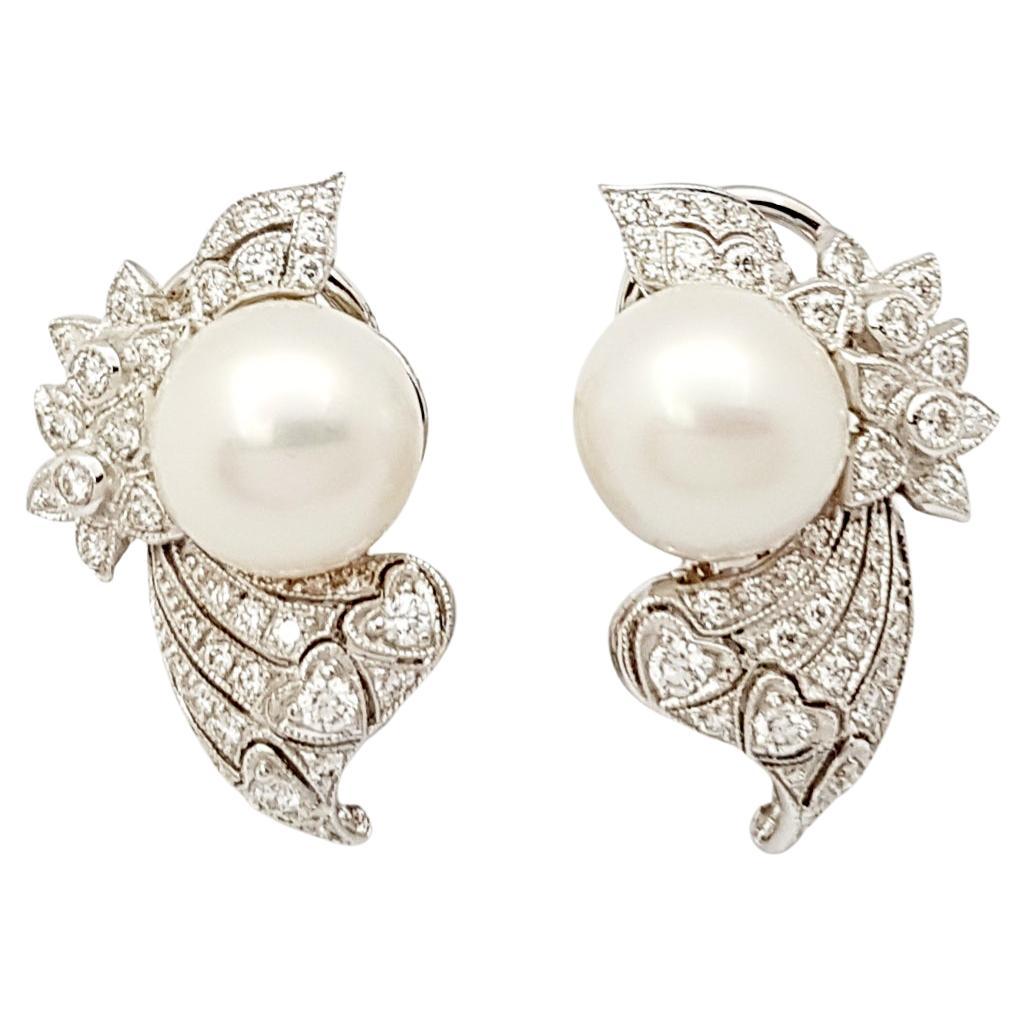 Pearl with Diamond Earrings Set in 18 Karat White Gold Settings For Sale