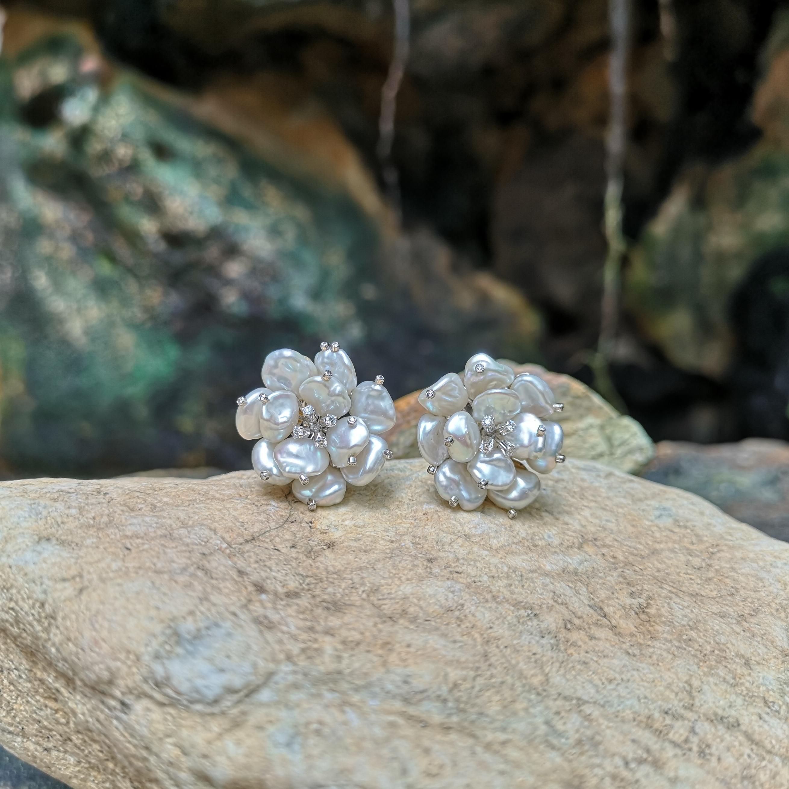 Contemporary Pearl with Diamond Flower Earrings Set in 18 Karat White Gold Settings For Sale